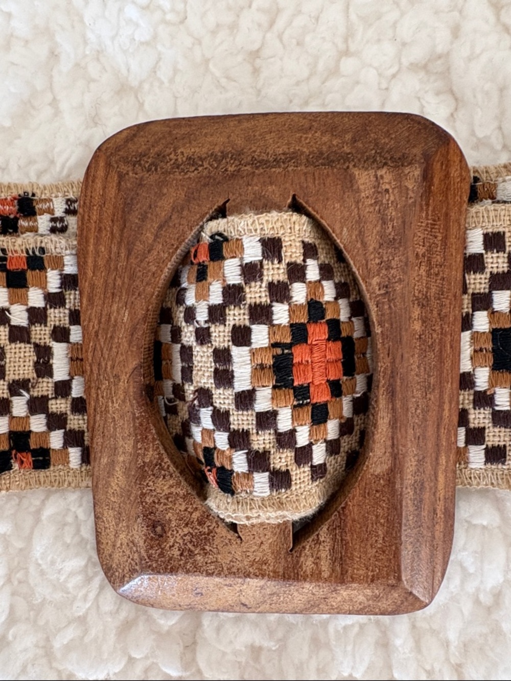Woven Geometric Belt with Wooden Buckle - Brown,Orange,Black,White fabric